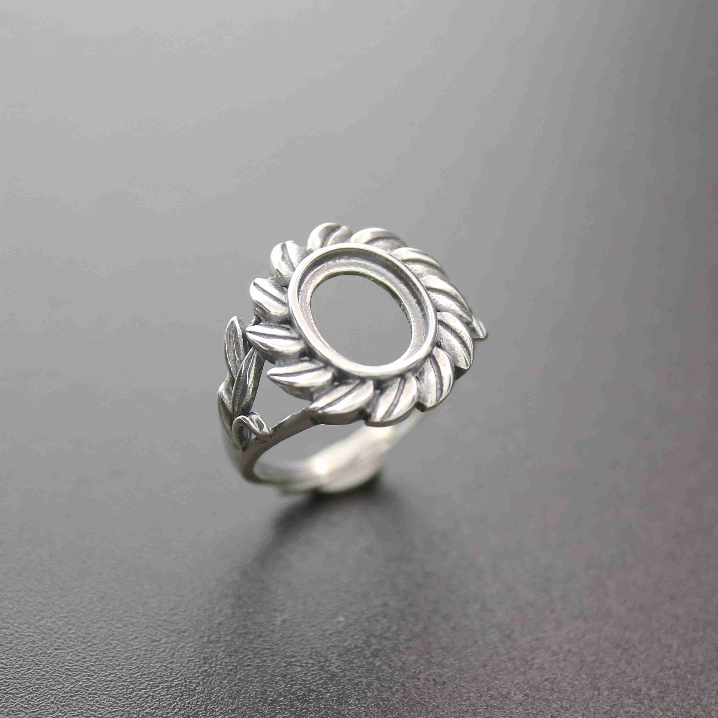 1Pcs 8X10MM Oval Cabochon Bezel Tree Leaf Antiqued Solid 925 Sterling Silver Adjustable Ring Settings 1223095 - Click Image to Close